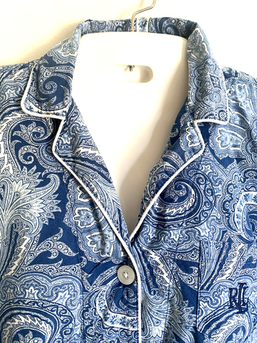 Lauren Ralph Lauren Woman S Pajama Set Pants 3/4 Sleeve Paisley Blue White - Picture 8 of 23