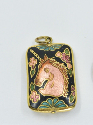 Vintage Unicorn Charm Cloisonné Small Black Gold Peach Colors Craft Jewelry