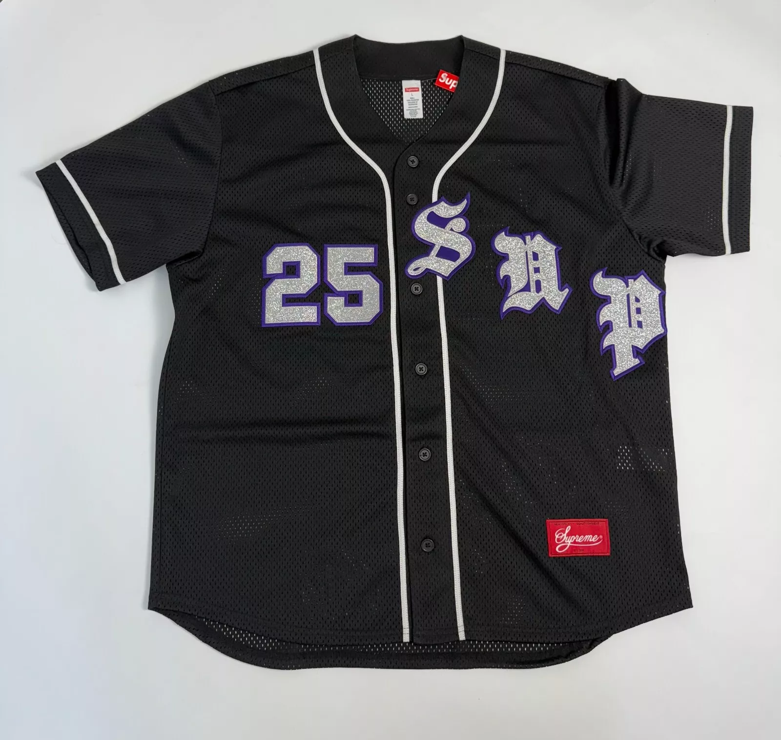 Maillot de baseball anglais Supreme ancien noir grand neuf SS25