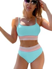 Bikini Set Swimsuit Aqua Color Block w/Lacey Multi-color Zigzag Wide Band Trim-S