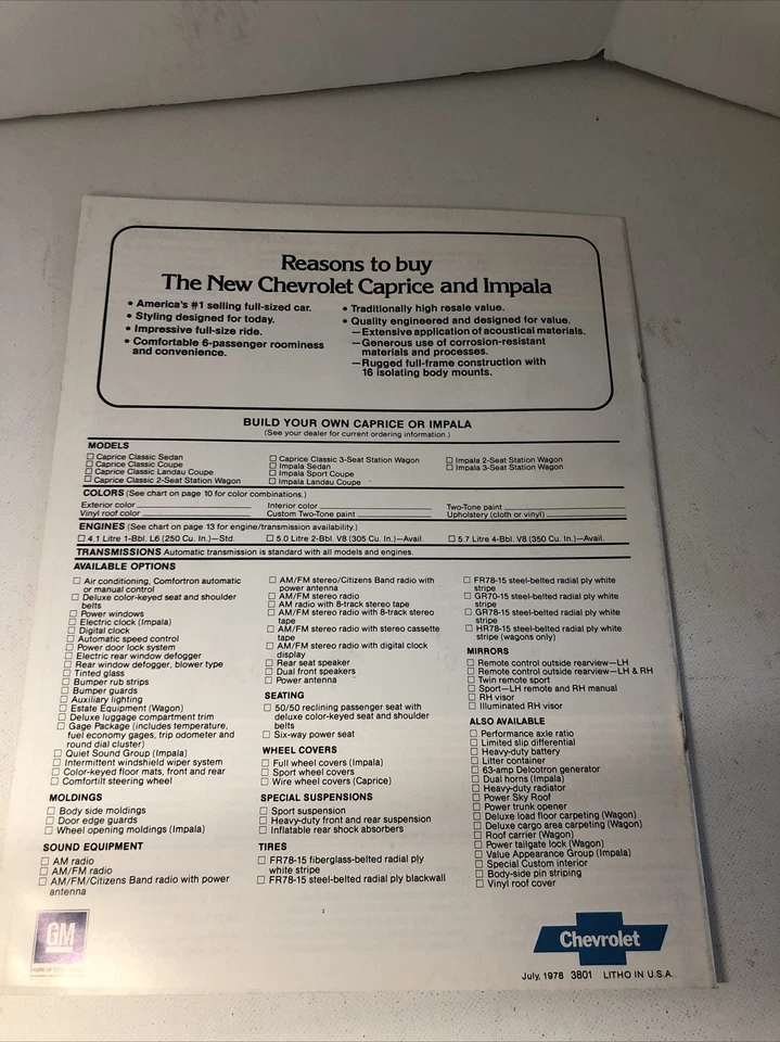 Chevrolet Caprice 1979 clásico e Impala 16 páginas concesionario de autos folleto de ventas B3 Foto 2 de 2