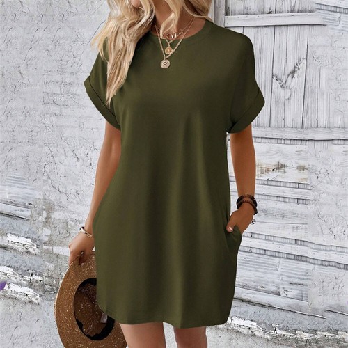 Women Short Sleeve Mini Dress Summer Casual Plain Loose Pockets T-Shirt Dresses* - Picture 28 of 33