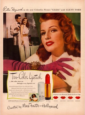 Max Factor Rita Hayworth Gilda 1946 Lipstick Print Ad 10.5 x 13.5
