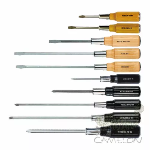 VESSEL Wood Grip Tang Throug Screwdriver -4.5,5.5,6,7,8,9,10,+0,1,2,3,4 No.350