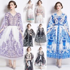 Chiffon Vintage Floral Print V Neck Long Sleeve Women Casual Party Long Dresses