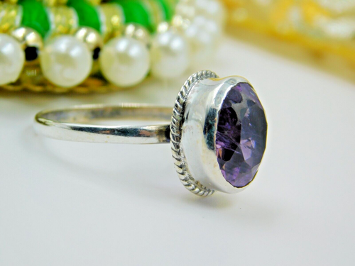 Artistic 925 Sterling Silver Rings Stylish Natural Amethyst Faceted Oval US"8.5 - Picture 5 of 6