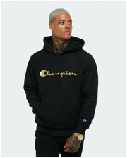 New Mens Champion Champion Reverse Weave Embroidered Hood Black/gold Tops Na