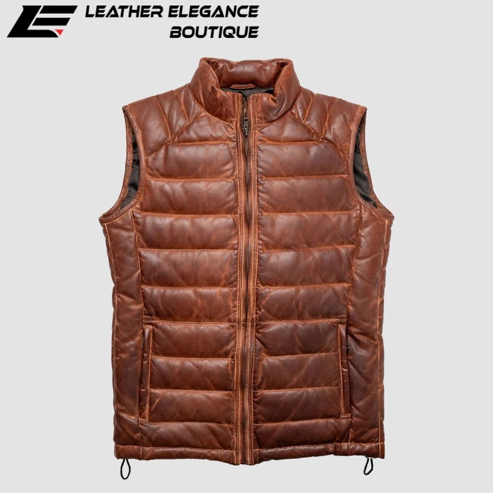 Mens Brown Puffer Quilted Leather Vest in Lambskin
