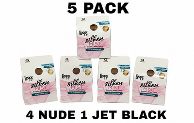 L'eggs Silken Mist Sheer Pantyhose Queen 4 Nude 1 Black 5 Pack LSM202 NEW