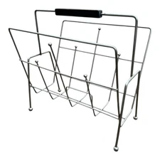 Vintage 1950’s Silver, Mid Century Modern Metal Magazine Rack with Wooden Handle