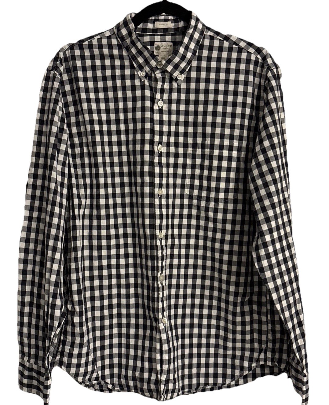 J Crew Mens Classic Fit Navy White Gingham Plaid Long Sleeve Button Down Large