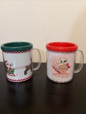 Vtg Plastic Double Walled Coffee Cup Cross Stitch Lot of 2 USA MADE Christmas