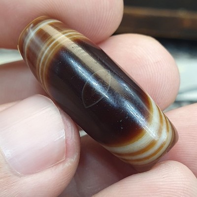 Vintage Natural Phoenix Eye Tibetan Agate Bead 32.2mm, Almond Leaf Shape Amulet
