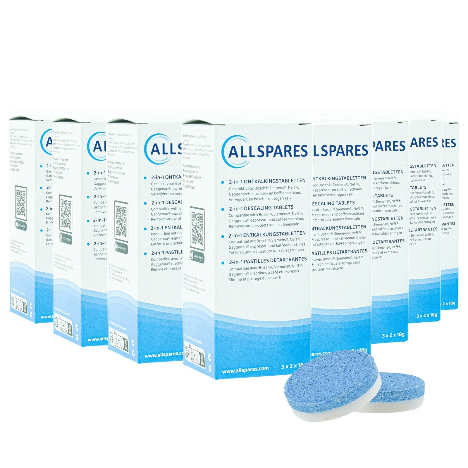 Pastiglie decalcificanti 2 in 1 AllSpares (48x 18gr Tabs) adatte per macchine da