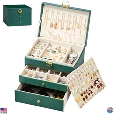 3-Layer Leather Jewelry Box with 2 Drawers, Large Capacity for Necklaces & Rings