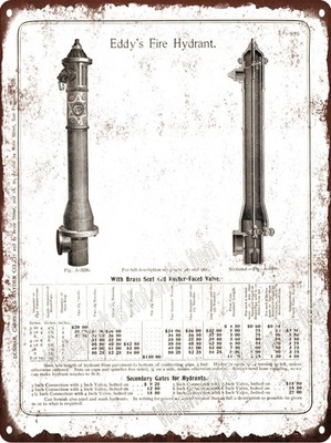 1890s Eddy's Fire Hydrant Diagram Brass Seat Metal Sign 9x12'' A913