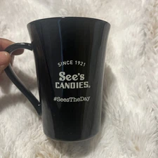 See's Candies #SeesTheDay  Since 1921 Black Coffee Mug  checkered handle w/ Box 
