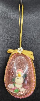 DUCK Duckling Chick Flowers Panorama Egg Ornament Pink Glitter Vintage GIFT