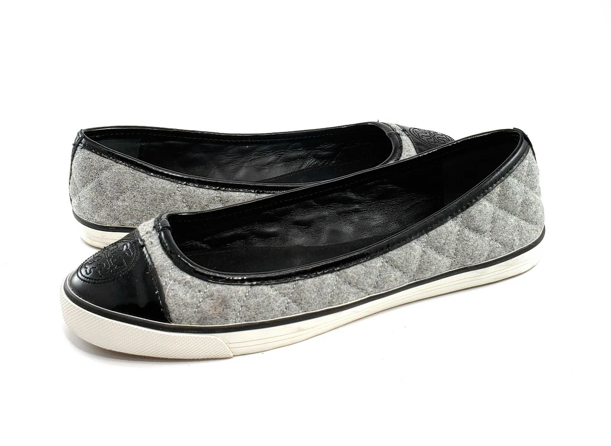 Tory Burch Ballet Flat Sneaker Quilted Gray Black Patent Cap Toe