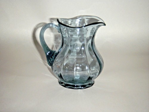 FENTON 4.25" LIGHT BLUE SMOOTH GLASS CREAMER PITCHER RIBBED APPLIED HANDLE GIFT - Picture 3 of 11