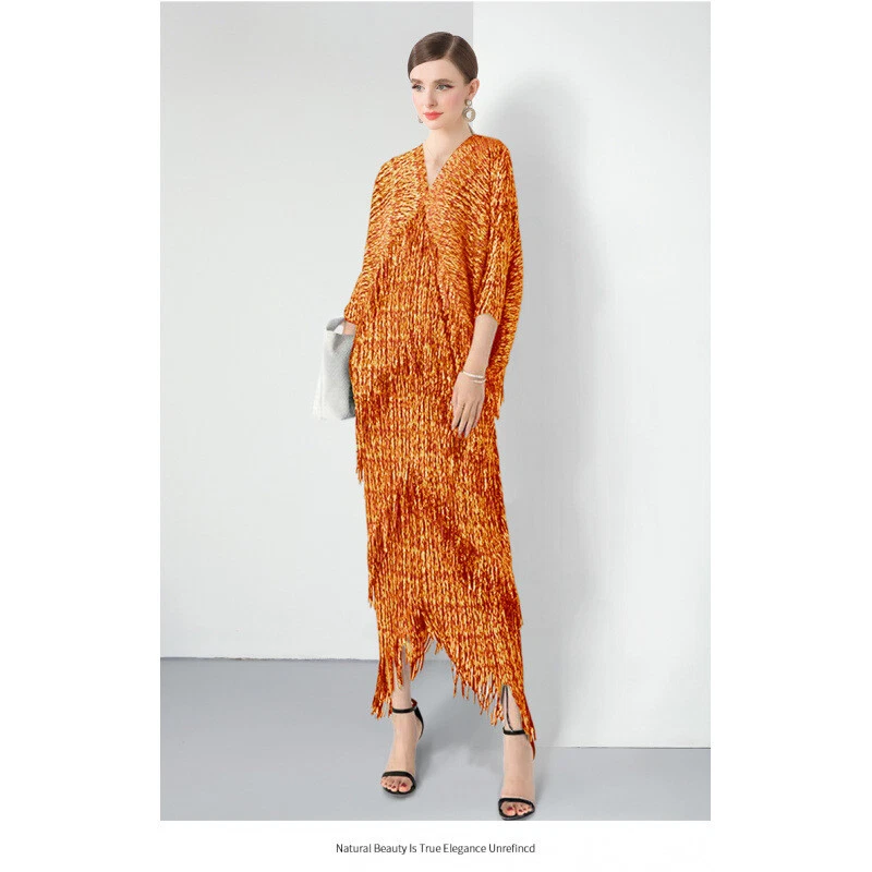 OFF WHITE Abito lungo donna nappa scollo a V manica a pipistrello scollo a V plissettato ampio oversize