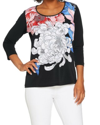 2928 Susan Graver Printed Liquid Knit 3/4 sleeve top BLACK FLORAL