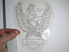 vtg 1960s 1970s Tattoo acetate stencil Dame and Eagle on Shield signed HAR4