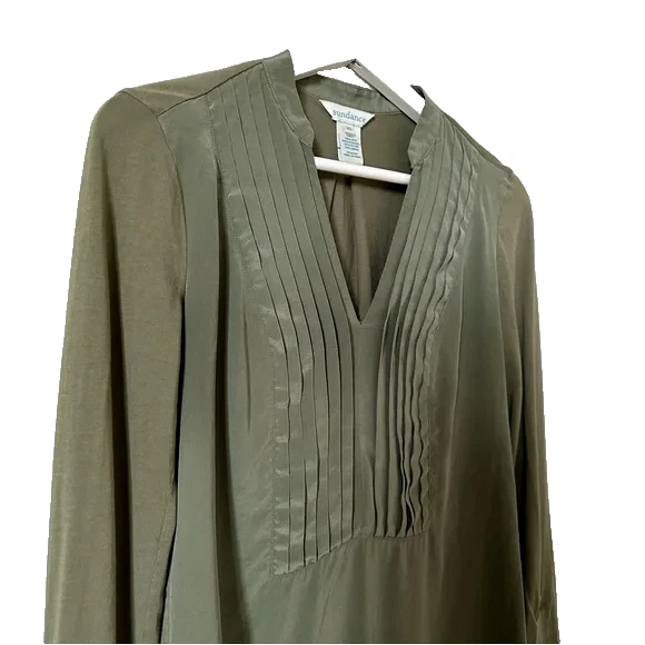 Sundance шелк поповер верхний размер XS оливковый рубашка с длинным рукавом блузка рулон вкладка - Изображение 2 из 4