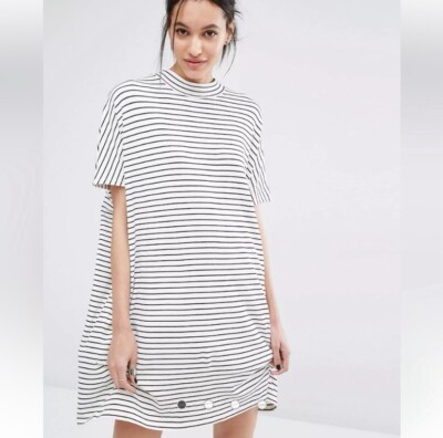 Just Female NEW XS Nora Dress Black/White Stripe Short Sleeves Oversized Unisex