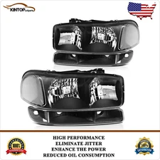 Fits 1999-2007 GMC Sierra Yukon Black Housing Headlights Assembly + Bumper Lamps