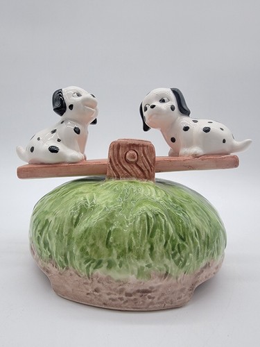 Otagiri Music Box Dalmatians on Seesaw Moves Dalmation Dog Sitting top of World - Picture 2 of 11
