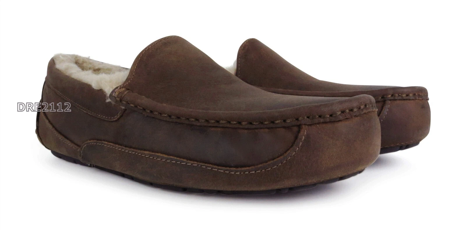 UGG Ascot Ciabatte Uomo Pelle Opaca Pelliccia Marrone Taglia 10 EEE WIDE NUOVE 