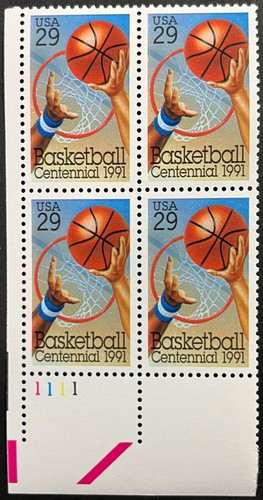 U.S. Scott #2560, Plate Block of 4, Basketball Centennial, Extra Fine, MNH