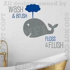 Wash Brush Floss Flush Whale Bathroom Vinyl Wall Decal Quote Decor Sticker