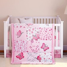 3 Pieces Butterfly Nursery Crib Bedding Set for Girls, Standard Size Pink