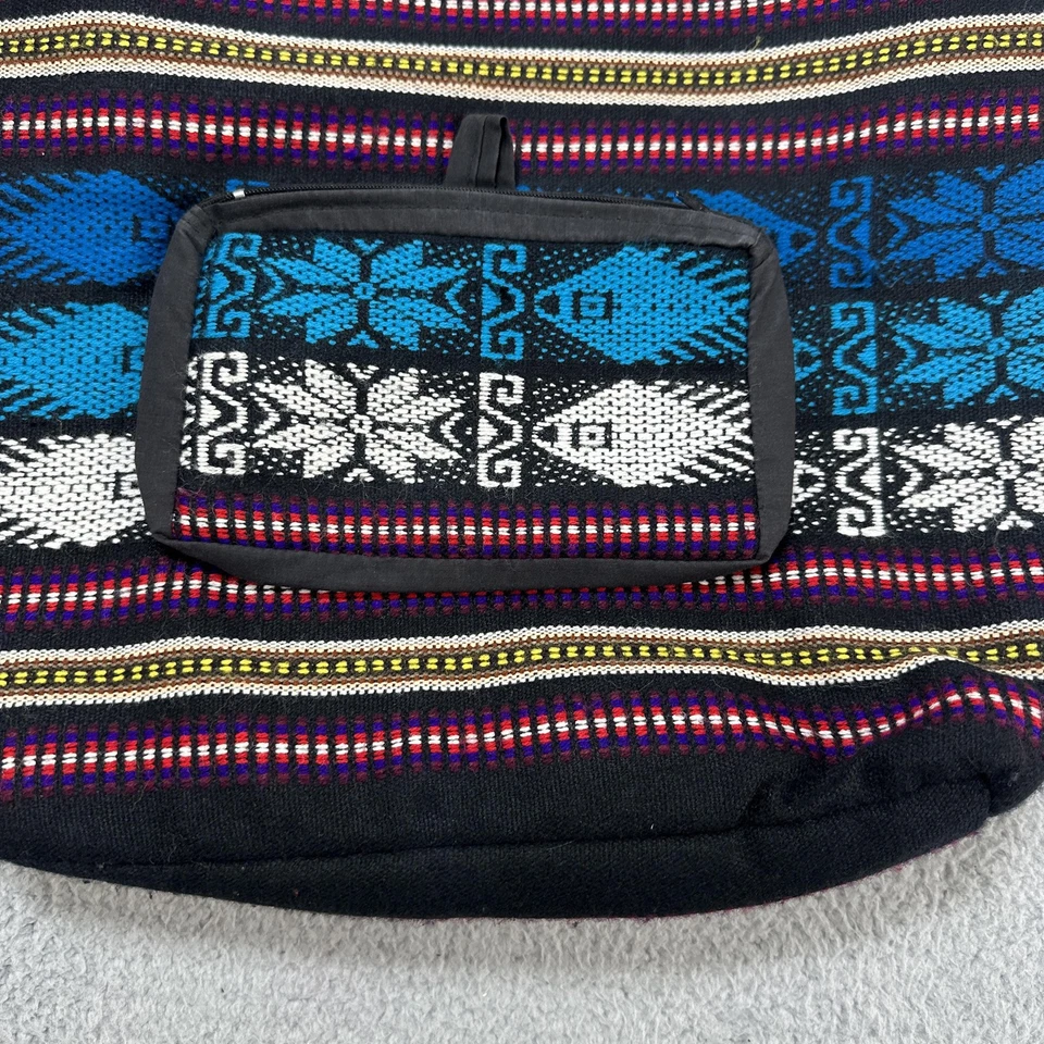 Mochila Boho Tejida Tribal Azteca Azul Negro Borla Forrada Frontal Cremallera Bolsillo Hippie Foto 2 de 4