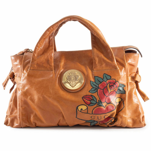Gucci Bag Used Hysteria Handbag 197020 Leather Brown Flower Paint