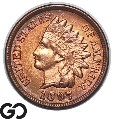 1897 Indian Head Cent Penny, Red Brown, Gem BU++ RB