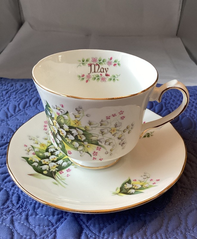 Duchess Bone China England  Floral Tea Cup & Saucer Month of May Trimmed in Gold