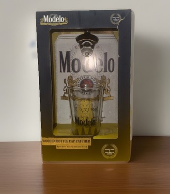   Modelo Bottle Opener & Pint Glass Set - Premium Wood W/Cast Iron Cap Catcher