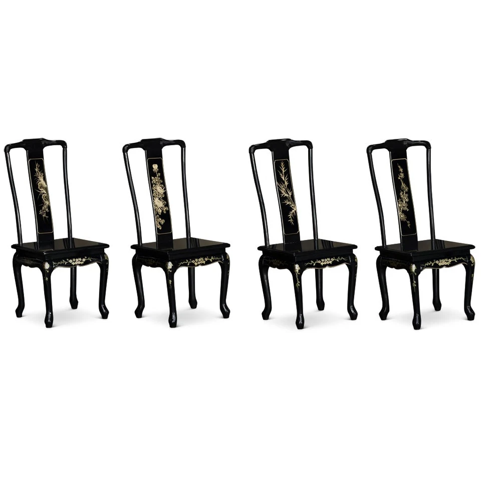 US SELLER - Black Lacquer Mother of Pearl Oval Chinese Dining Set w Six Chairs - Image 4 of 4