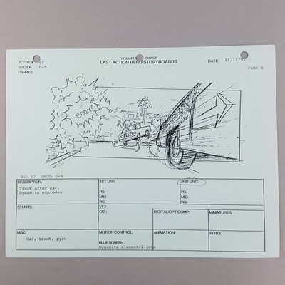 Last Action Hero Storyboard Dynamite Explodes Jack Slater Car Chase Original COA
