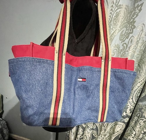 Tommy Hilfiger VINTAGE Denim Tote Classic Striped Handles 9x14x7 - Picture 2 of 12