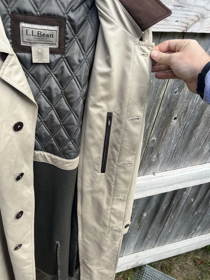 LL Bean Mens Khaki Tan Trench Coat w/Zip Out Liner & Brown Leather Collar Sz L - Image 4 of 4