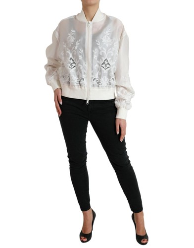 Dolce&Gabbana Women White Bomber Silk Floral Lace Full Zip Short Jacket Sz IT 40 - Picture 2 of 5