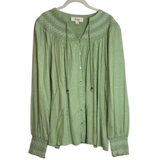 Nurture by Westbound Womens Blouse 2X Green Smocked Yoke Textured Rayon NEW