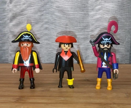 Vintage Playmobil Lot of 3 Pirate Figures w Hook Hand Peg Leg Lookout Red Beard