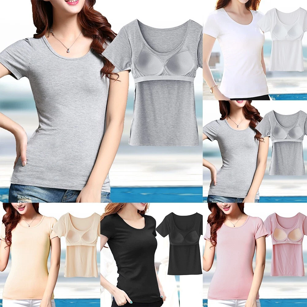 T Shirt Women's Tops With Built In Bra Casual Female Push Up Padded Layer