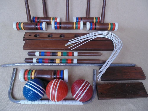 Vintage FORSTER Player CROQUET SET Stripe Ribbed Balls Wooden Cart - INCOMPLETE