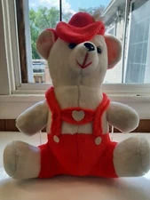 Vintage Plush BJ Toy Co White Bear Red Overalls And Hat Korea Stuffed Animal Toy